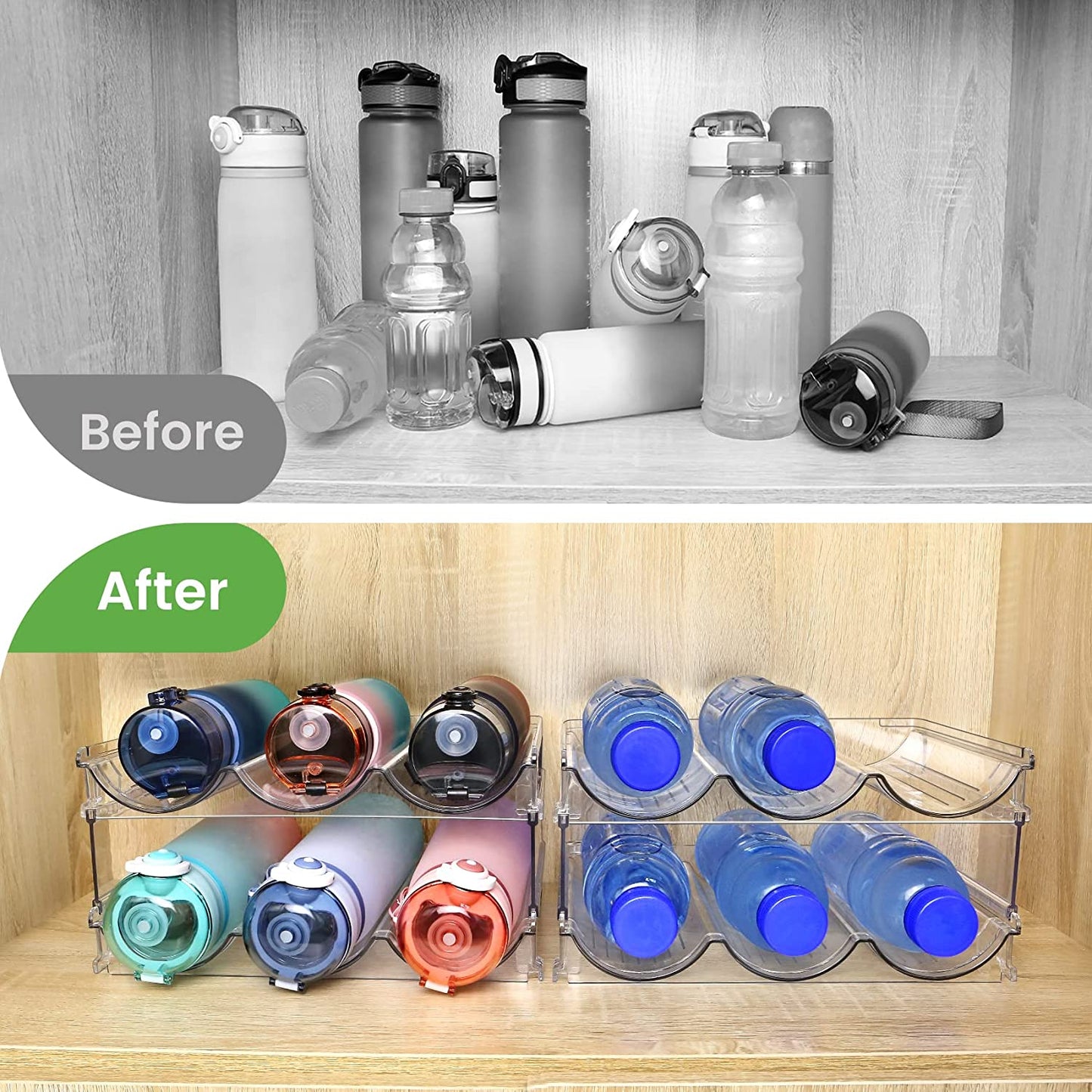 Maximize Your Space with 2-Pack Stackable Water Bottle Organizer for Cabinets